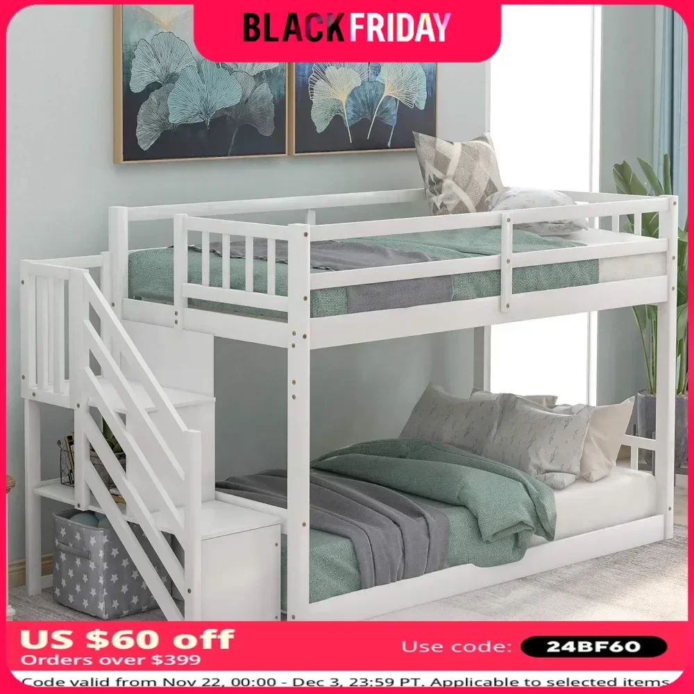 Bunk Bed ,with Storage Staircase, Twin Size Bunks Beds for Kids, Teens, No Box Spring Needed,  Wood Bunk Bed Frame