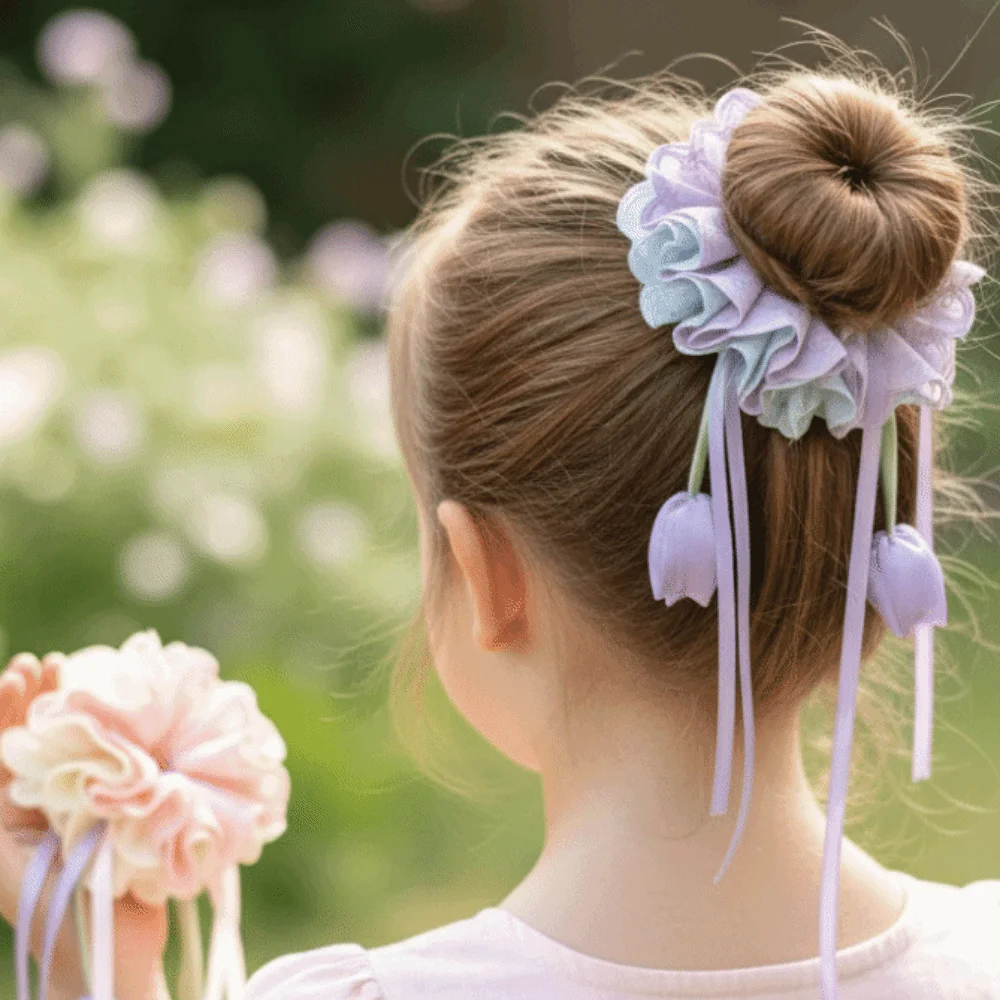 Floral Tulip Hair Scrunchie Sweet-style Multicolor Ribbon Hair Tie Handmade-feel Durable Kids Bun Maker Party