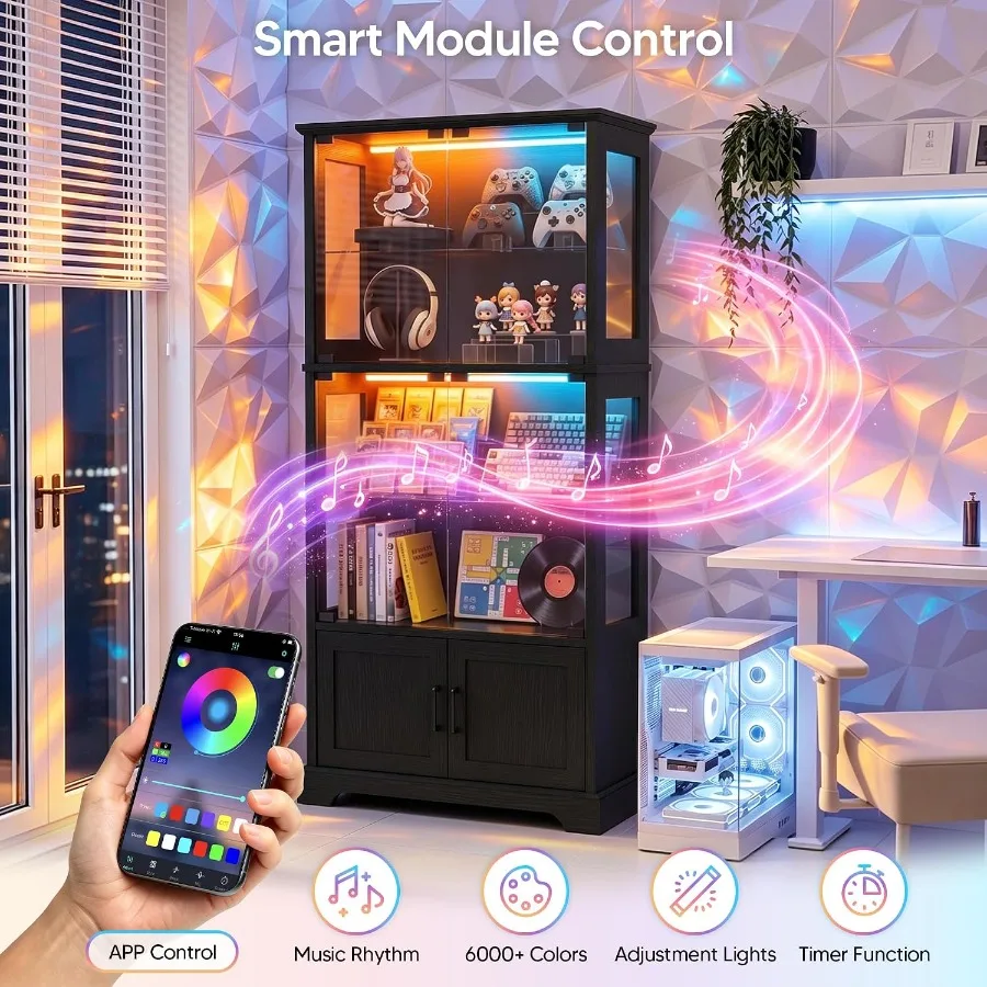 Display Cabinet with Glass Door, 4-Tier Display Case with RGB Lights view 4