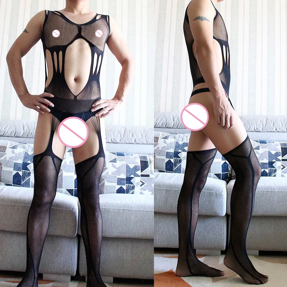 Bodysuit Pantyhose Bodysuit stoking tubuh Fishnet ukuran bebas Jumpsuit Lingerie pria Pantyhose poliester