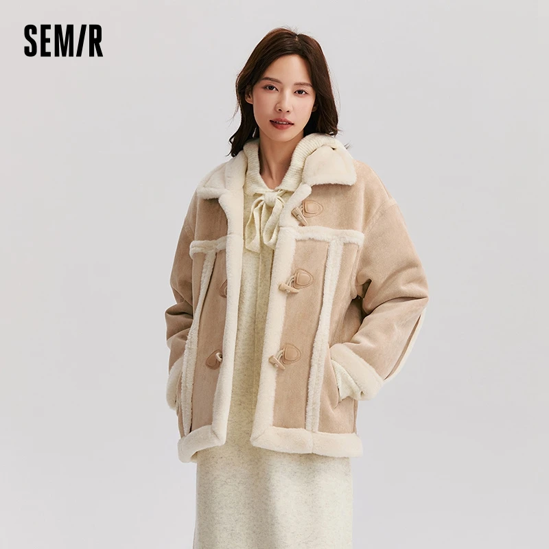 Semir Coat Women Buckle Lapel Loose Retro Literary 2024 Winter New Imitation Suede Imitation Rabbit Fur Jacket