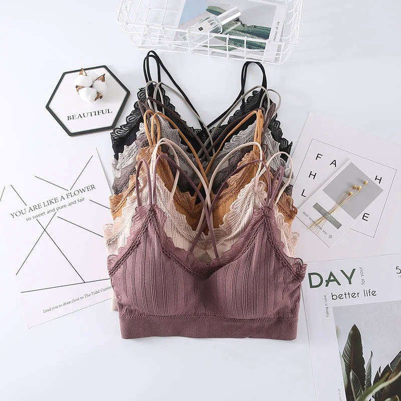 New Women Lace Bras Top Comfortable Bralette Solid Color Sexy Underwear Vest Female Hollow Out Wireless Lingerie Seamless Bra