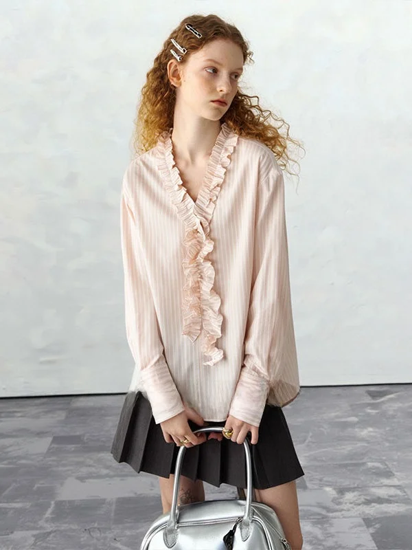 

Sweet Sle Striped Wooden T-irt Women's Loose Long Sve V-Ne Spring New Arrival Casual Comfortable Faion Top