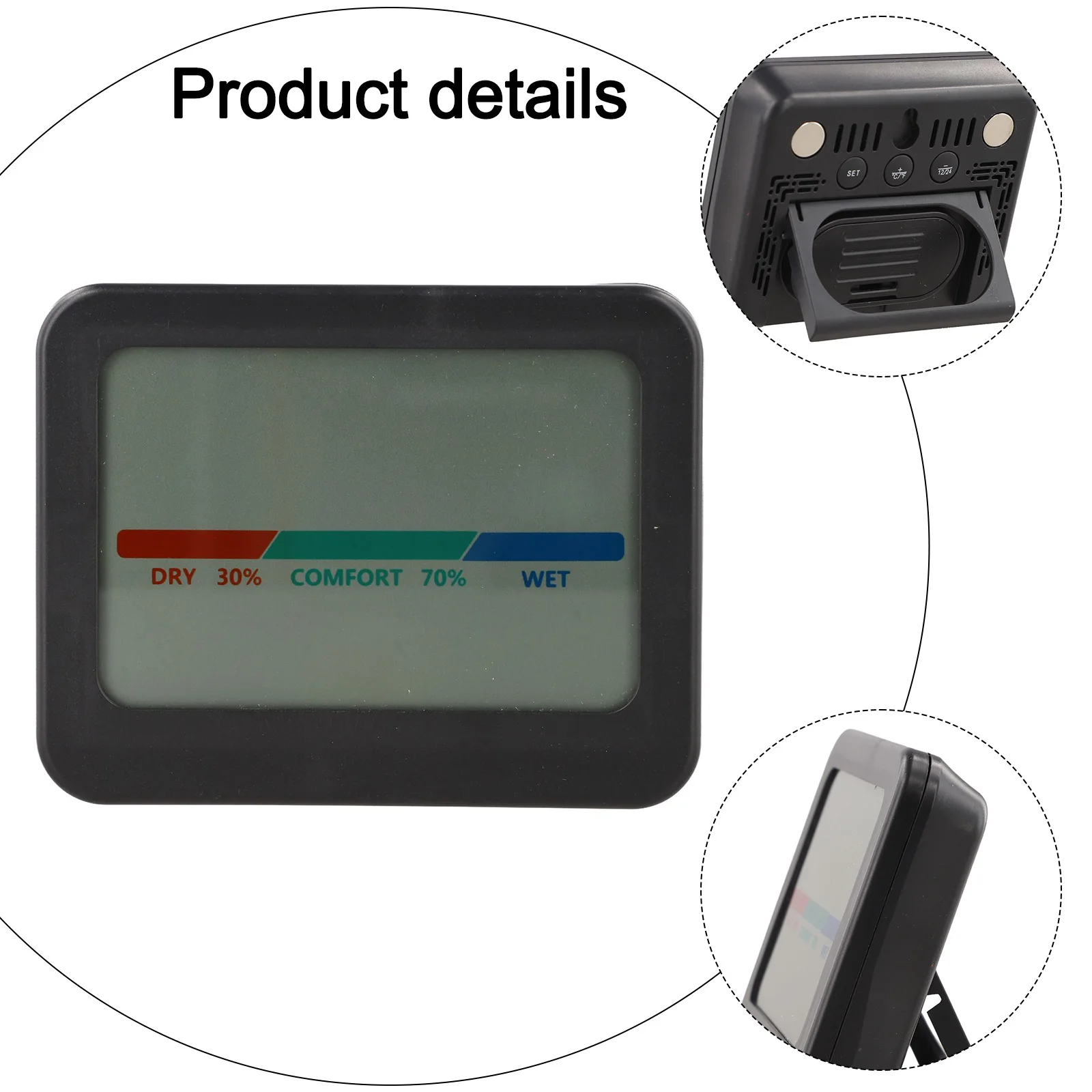93*73*19mm Humidity Gauge 12-hour And 24-hour Format ABS Material Celsius To Fahrenheit Compact Size 93*73*19mm