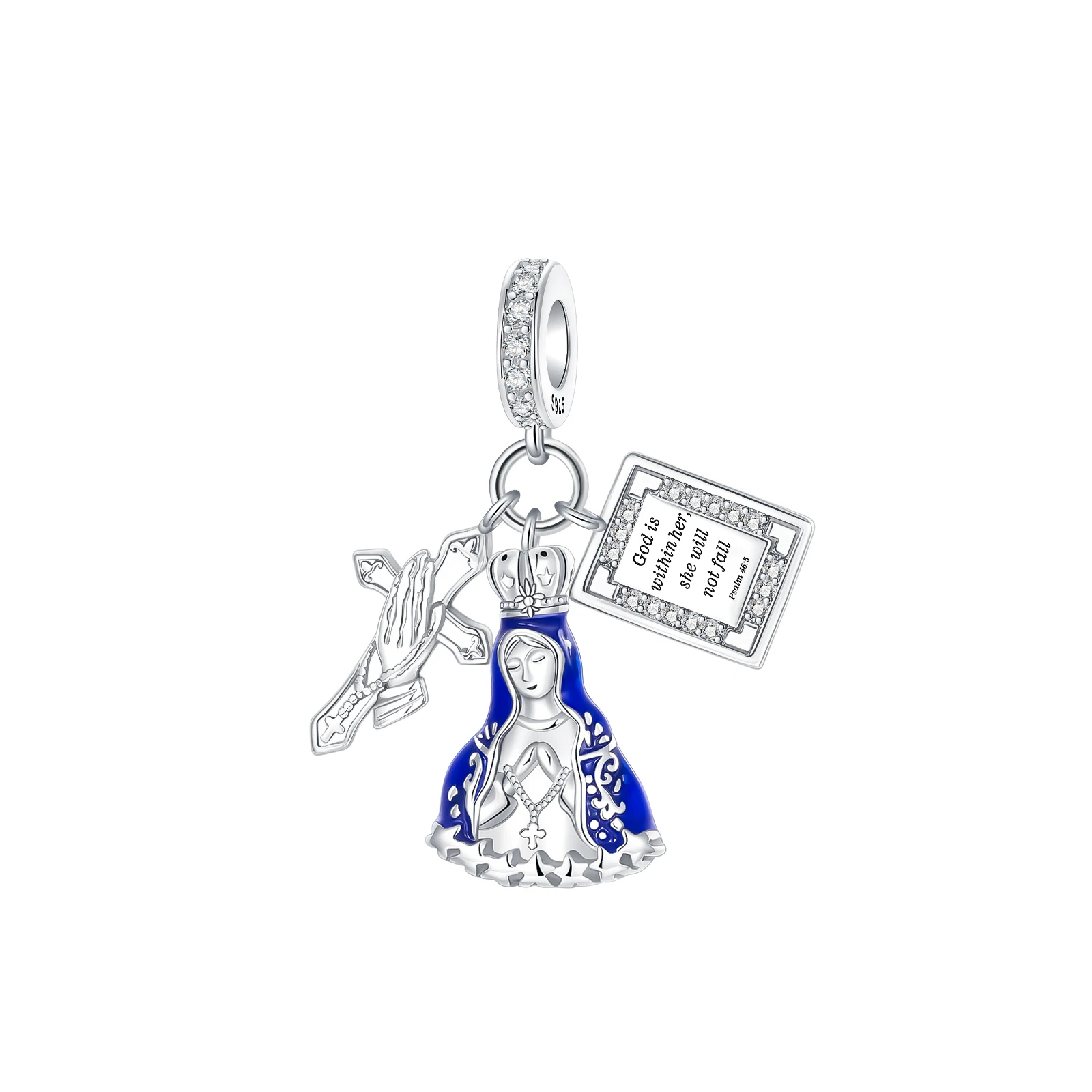 925 Sterling Silver Virgin Mary Dangle Charm Bead Blue Enamel Bible Verse Charms Fits European Charm Bracelets Jewelry Gifts