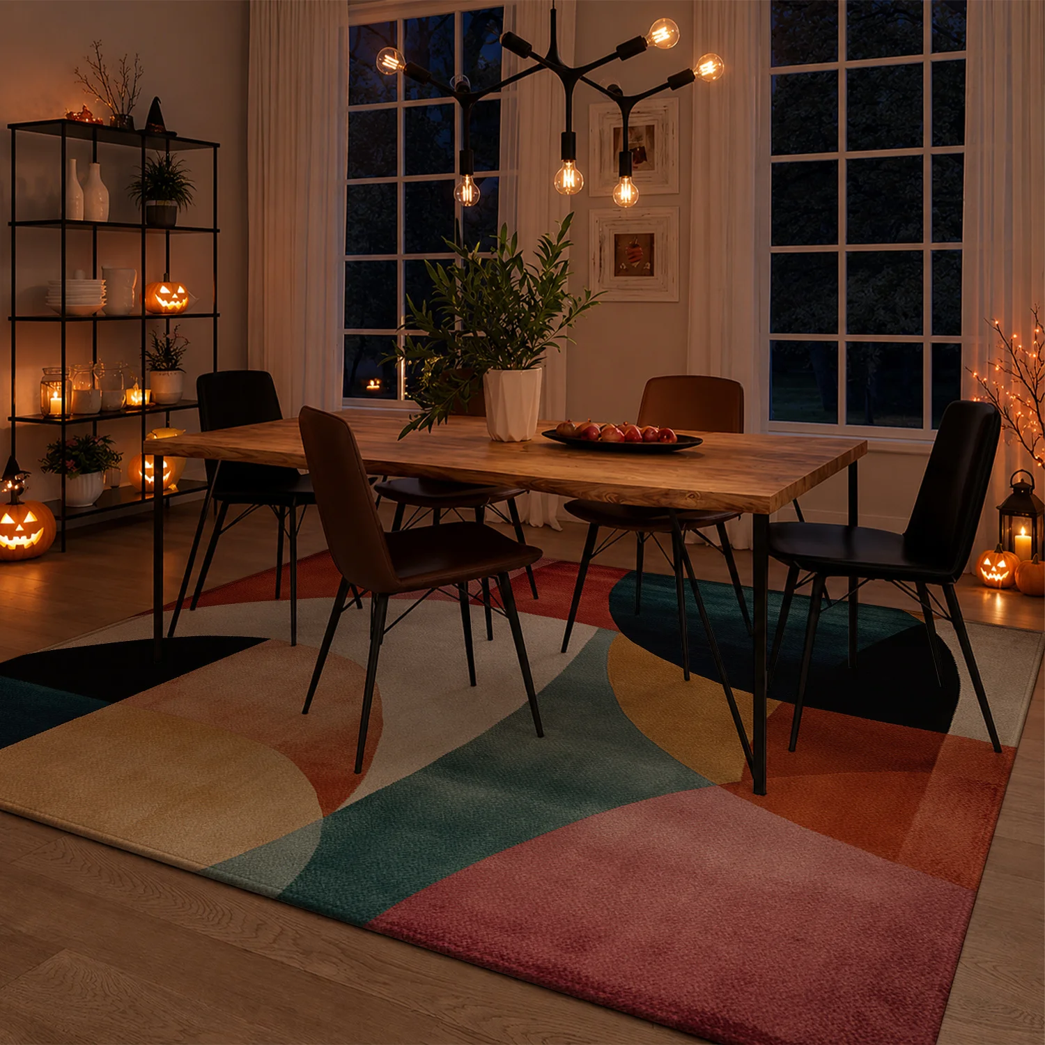 Large Indoor Area Rug, Soft Velvet Low Pile with Non-Slip Dotted Backing, Machine Washable, Mid-Century Modern Geometric Abstract in Warm Terracotta, Teal, Blush & Cream, Great for Living Room, Bedroom Home Decor