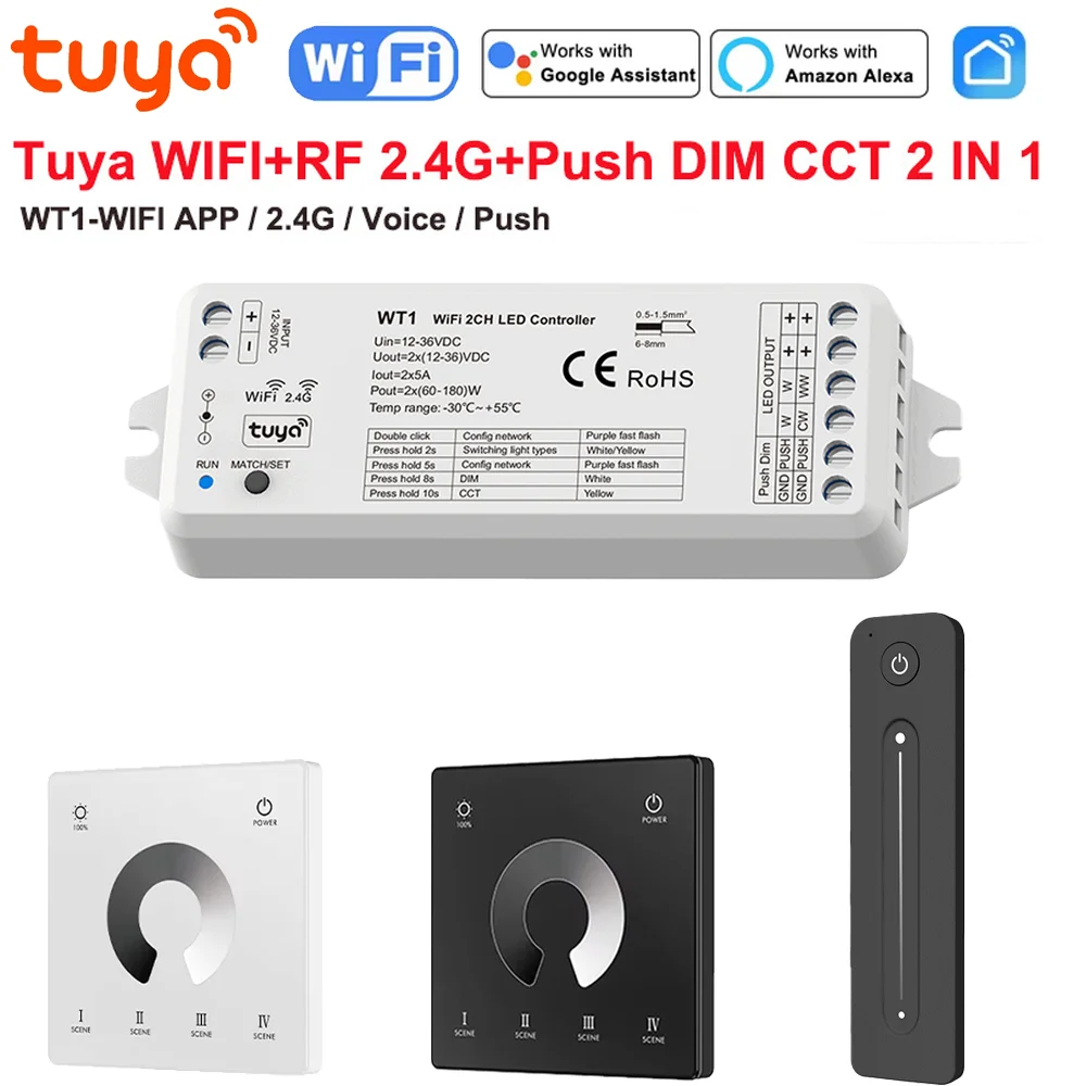 

Tuya WIFI RF 2CH LED Controller DC 12V 24V Smart Dimmer Work with Alexa Google Assistant 4 ZONE Touch Switch 2.4G Remote Control