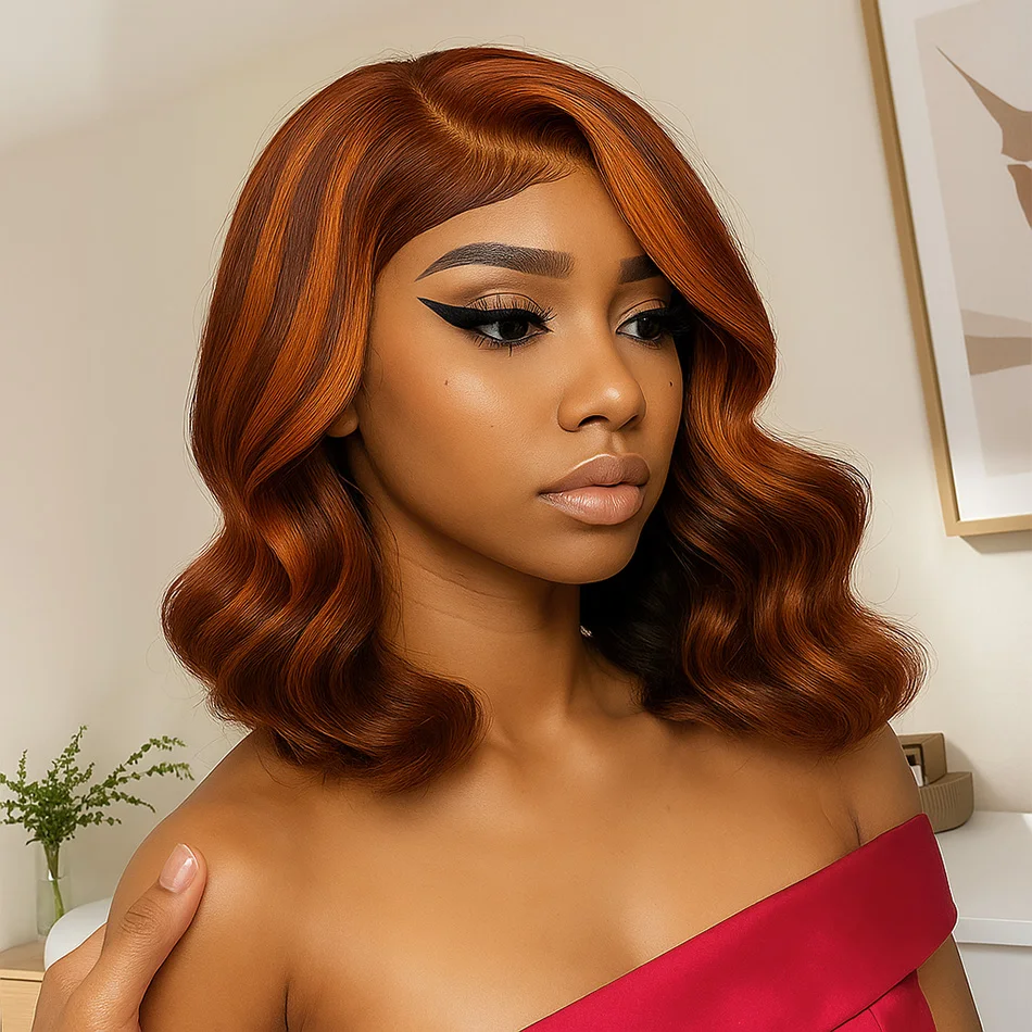 # 4/350 الجسم موجة قصيرة بوب الزنجبيل مزيج البني يسلط الضوء على الباروكات الشعر البشري 13x4 أومبر الدانتيل الجبهة غلويليس الباروكات غلويليس للمرأة