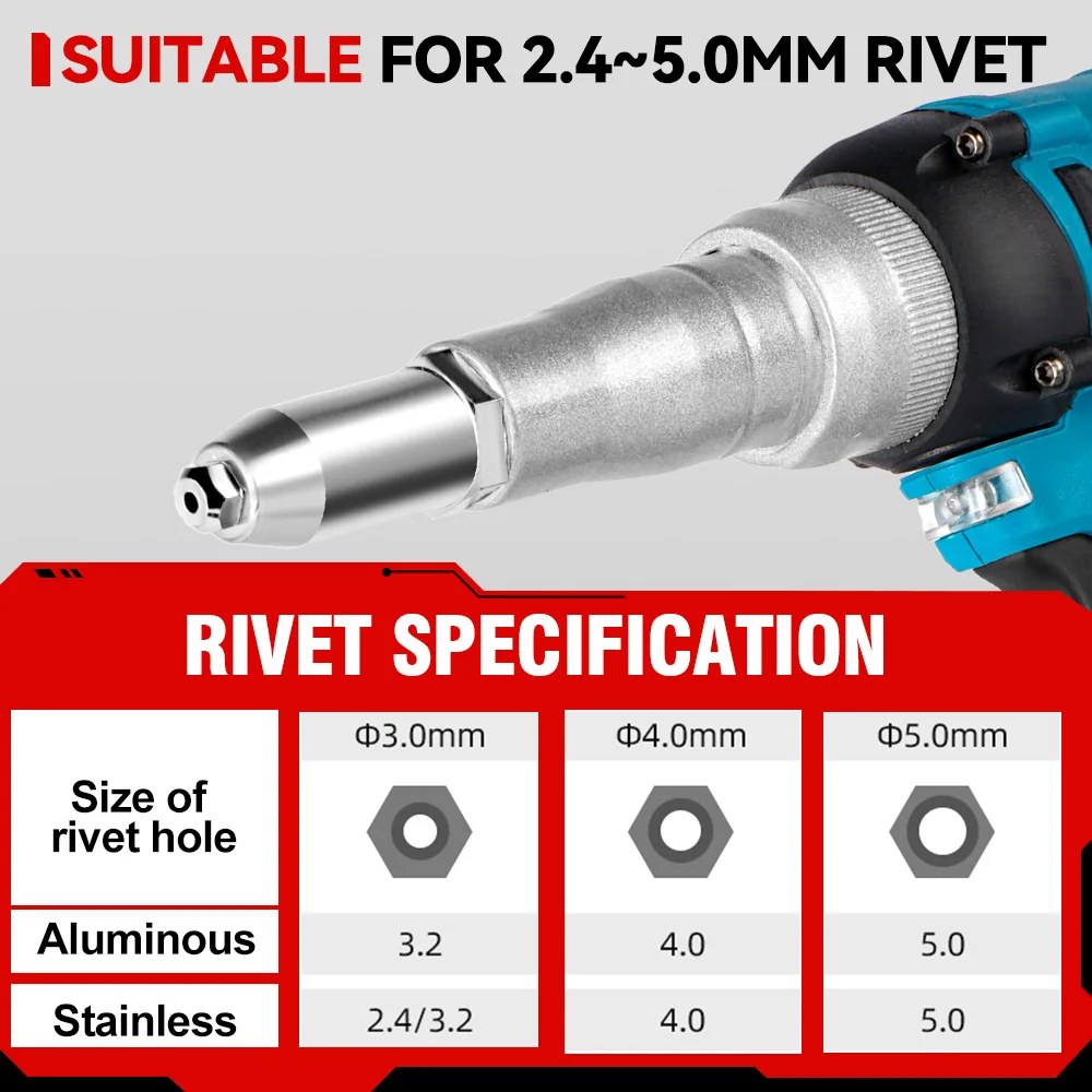 ONEVAN 20000N 720W Brushless ไฟฟ้า Rivet Gun 2.4 ~ 5.0 มม.ไร้สาย Rivet Nut Gun เจาะเครื่องมือสําหรับ Makita 18V แบตเตอรี่ pin