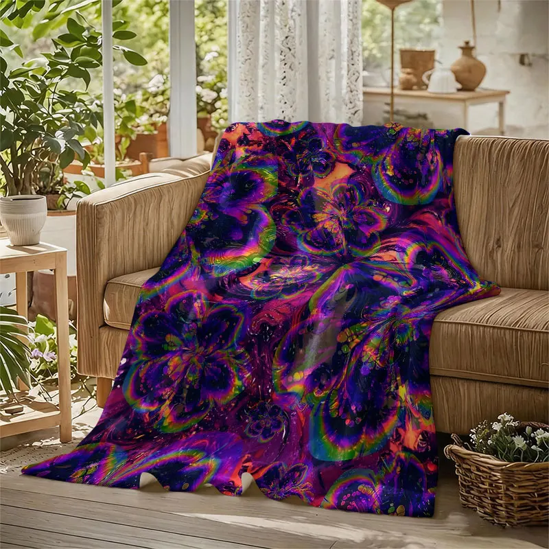 Holographic Flowers Purple Flannel Blanket Perfect for Sofa Office Bed Travel Sleep Read Relax Camping Four Season Use