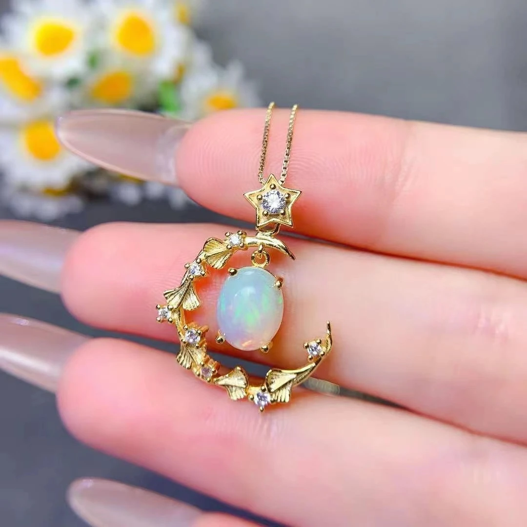 

Romantic 925 Silver Moon Pendant 7mm *9mm 1ct Natural Opal Pendant 18K Gold Plated Sterling Silver Opal Jewelry for Women