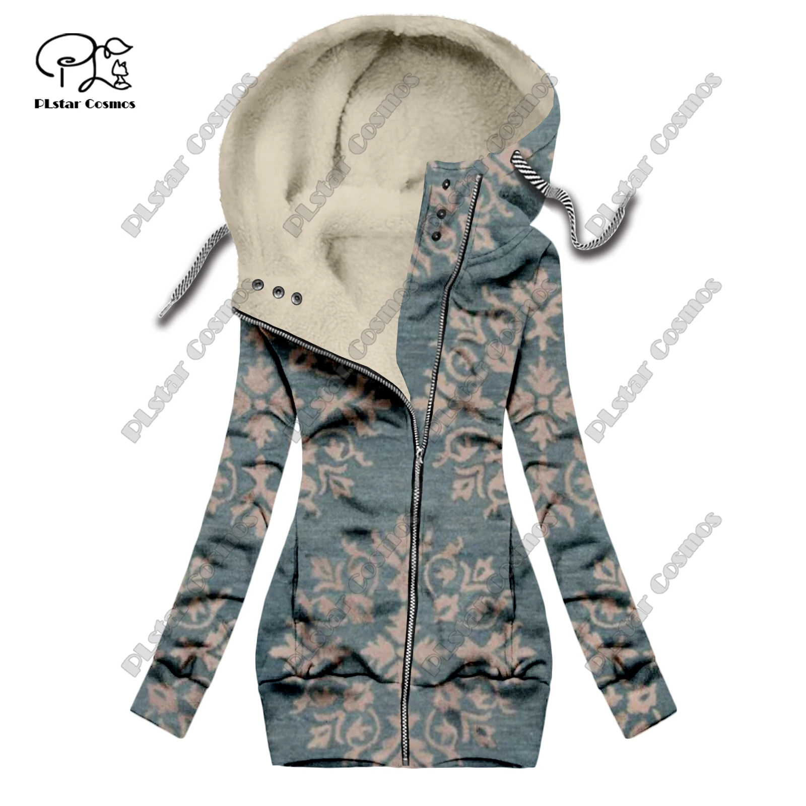 New 3D printing retro series floral carpet totem pattern plus velvet warm women's long zipper sweatshirt casual winter F-8