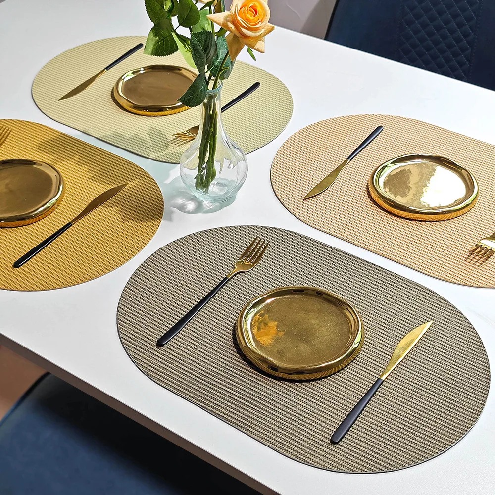1pc Nordic Oval Woven Pattern PU Leather Placemat Waterproof and Oil Resistant Restaurant Home Minimalist Dining Table Decor Mat