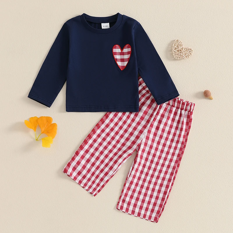 Baby Boy Spring Outfit Heart Patch Long Sleeve Shirt and Elastic Plaid Pants 2 Piece Clothes for Toddler