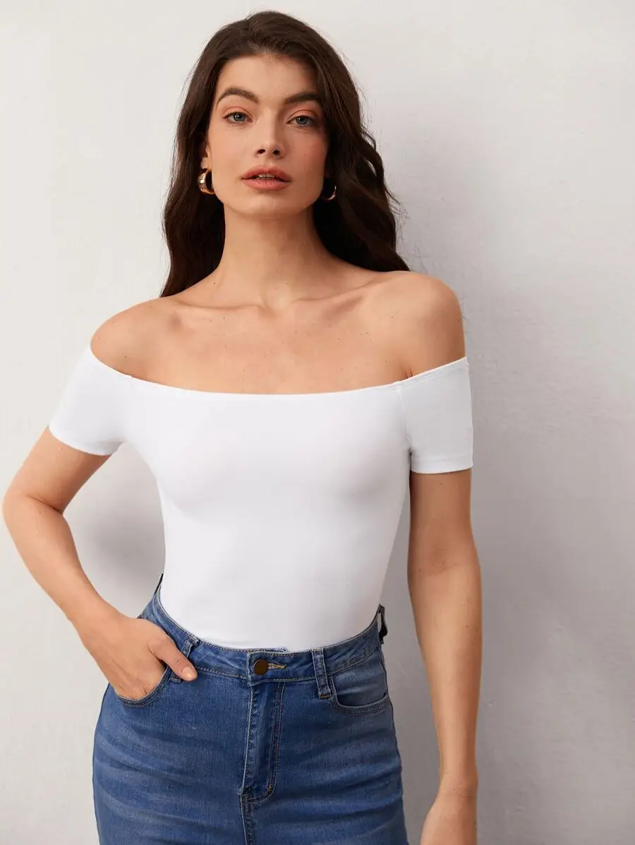 

Off Shoulder Solid Short Sleeve Casual Tee Summer