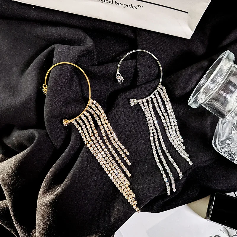 

New Luxury Shiny Crystal Rhinestone Long Tassel Ear Cuff No Pierced Ear Clip Earrings for Women Wedding Korean Trend Jewelry