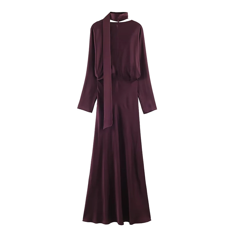 فستان من الساتان برقبة على شكل حرف V للنساء بأكمام طويلة وطول يصل إلى الأرض فستان أنيق للحفلات فساتين نسائية للتاريخ المتطور