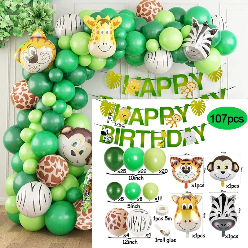 Birthday Balloon Garland Arch Kit para Crianças, Folhas de Palmeira, Selva Safari Festa, Baby Shower Banner, Balão Animal, 1 Ano, 2 Anos, 3 Anos de