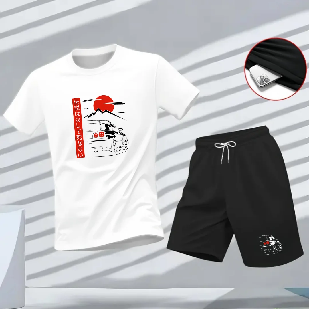 

2025 New stylish and cool Japanese-style T-shirt, men's shorts, printed street casual top, T-shirt two-piece set