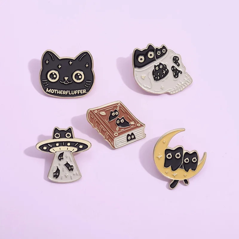 Cartoon Magic Cat Enamel Pins Cute Black Cat Book Moon Bone UFO Metal Emblem Fashionable Flip Clothing Accessories Jewelry Gifts