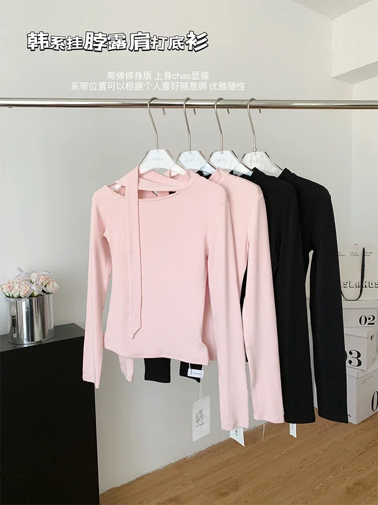 Women\'s Pink T-shirt Korean Y2k Tee Top Harajuku Vintage Streetwear 90s Aesthetic Fashion Long Sleeve T-shirt 2000s Clothes 2023