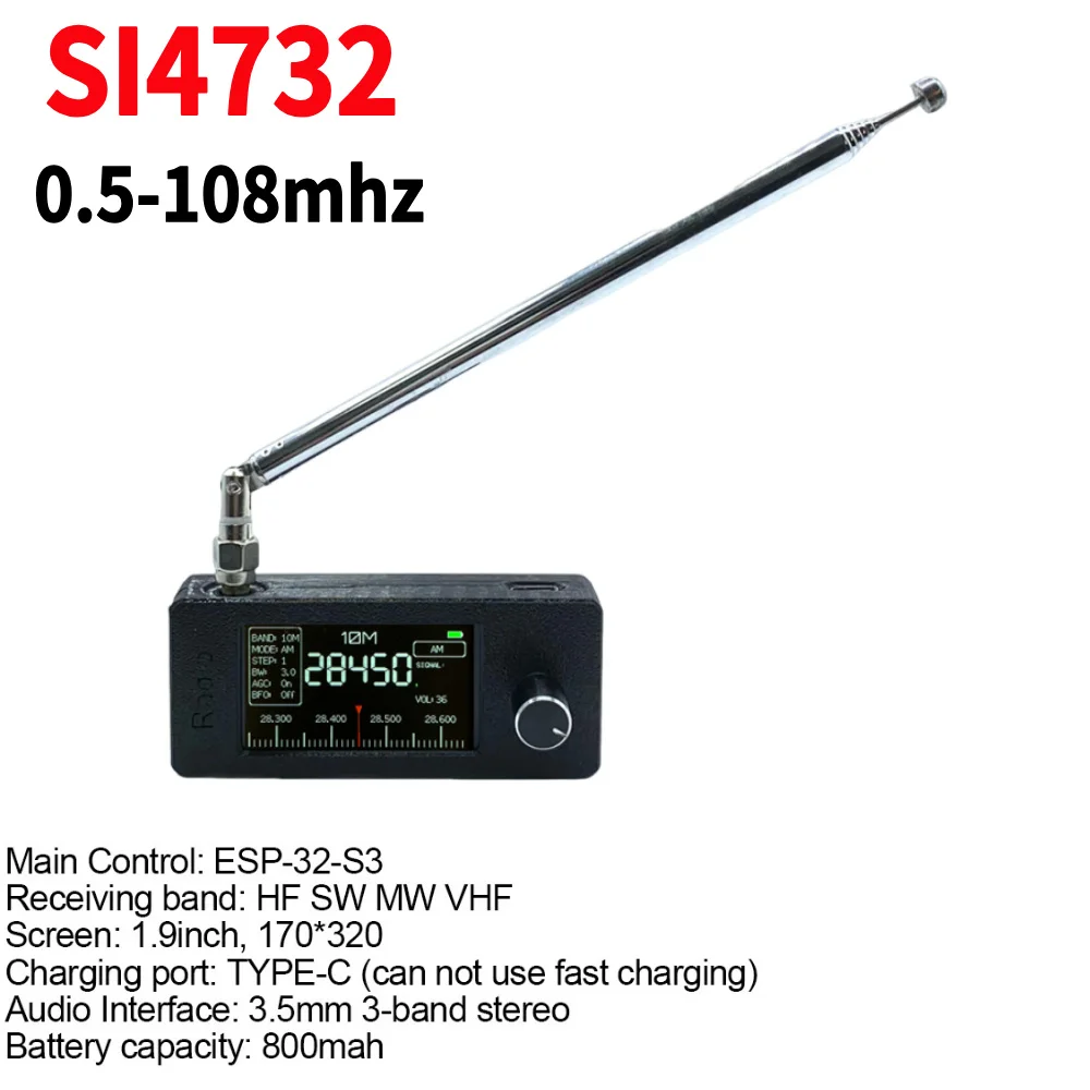 SI4732 0.5-108mhz Portable Radio LSB USB AM FM FM/AM Radio 1.9inch IPS Screen All Band Radio Receiver HF SW MW VHF Radio