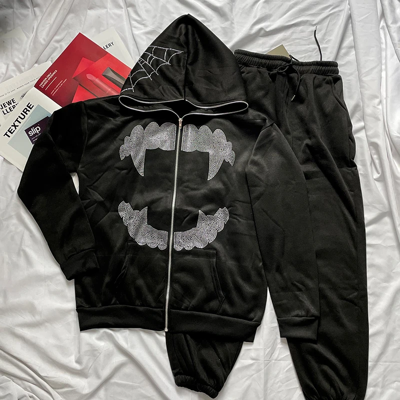 Streetwear Y2k Fashion Rhinestones Teeth Graphics Vintage Hoodie Winter Autumn Long-sleeved Zipper Pocket Black Sweatshirt Suit