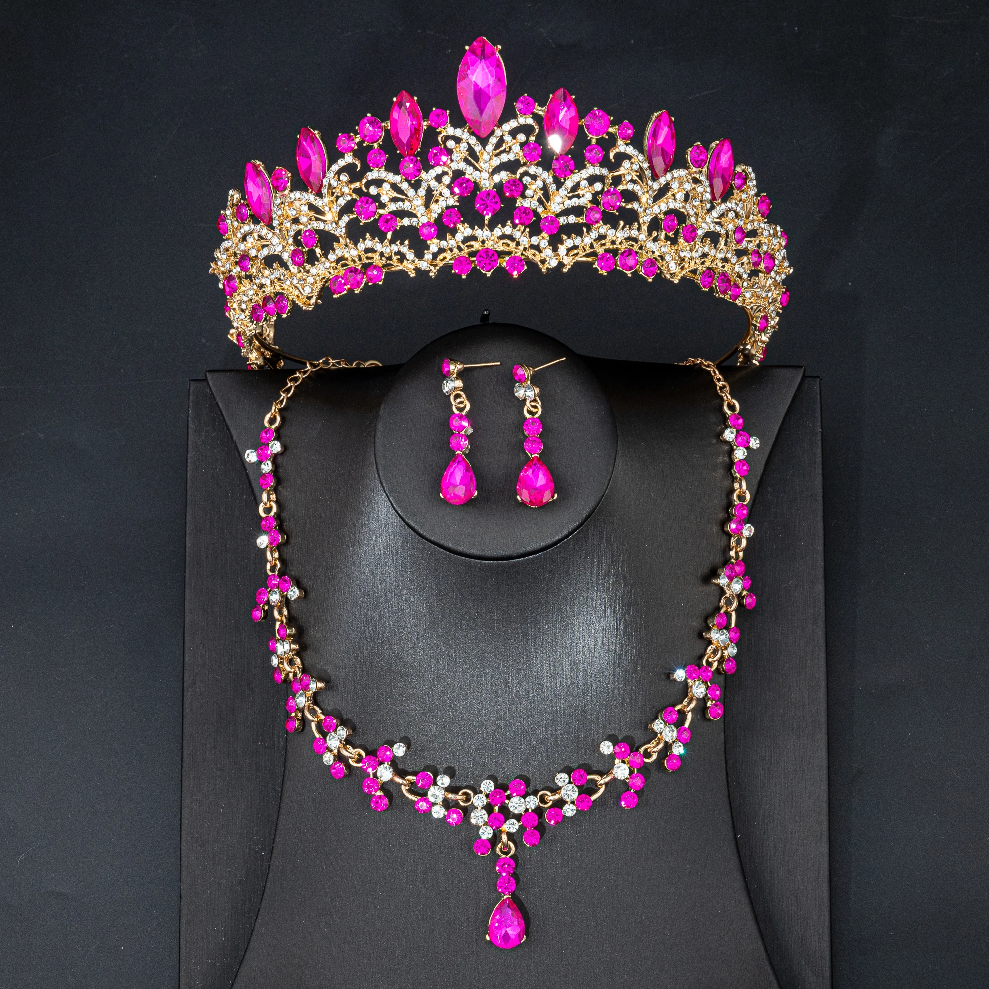 Baroque Wedding Rose Crystal Crown Earring Necklace Set Rhinestone Tiaras Jewelry Sets for Birthday Party Bridal Bijoux Femme