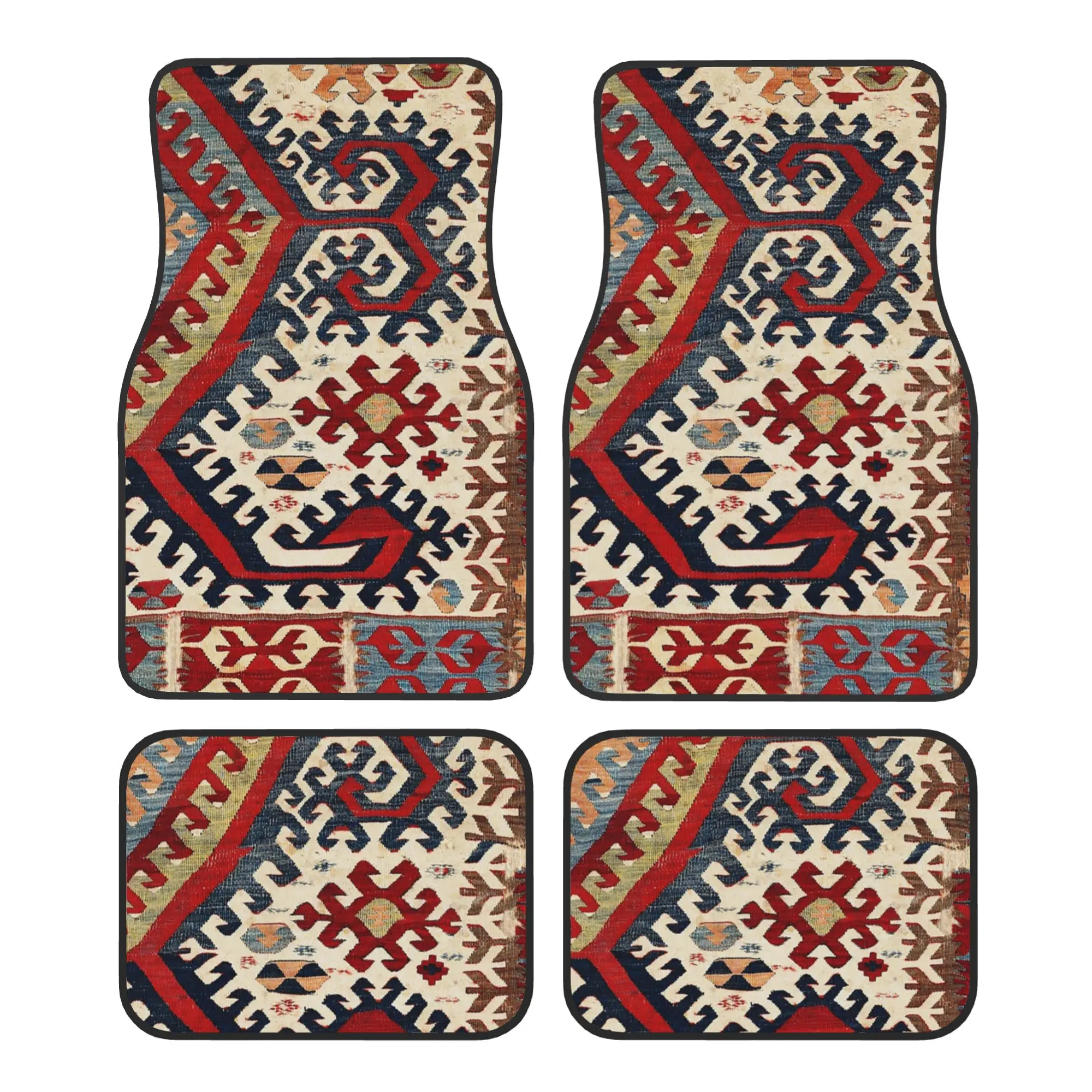Hotamis Antique Konya Turkish Kilim 4PCS Crystal Velvet Car Floor Mats Set Universal Front Rear Foot Mats Car Protection Mat