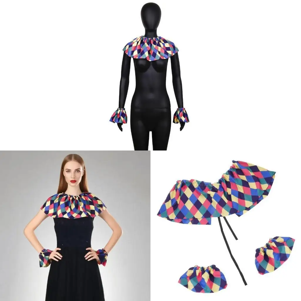 

Костюм шута, незаменимый красочный клетчатый клоун, искусственный воротник и манжеты на запястьях, аксессуары для тематических