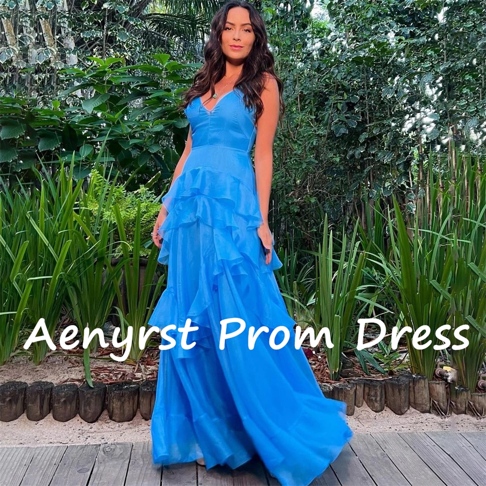 Aenyrst Blue V Neck A Line Holiday Dresses For Women Spaghetti Strap Ruffles Orangza Prom Gowns Floor Length Dinner Party Dress