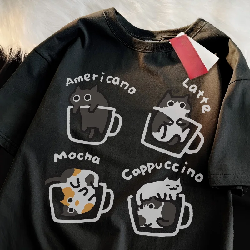 Camiseta de Verano Holgada de Manga Corta con Diseño de Gato y Café, para Hombre y Mujer, Original, con Estampado de Gato y Tres Flores, Divertida