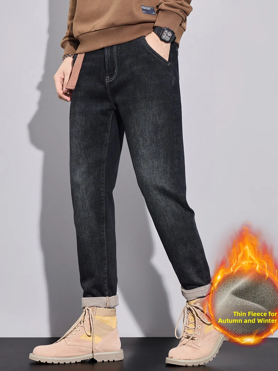 

High-End Thickened Fleece Washed Denim Jeans Men's Slim Fit Casual Long Trousers Autumn Winter Fashion Brand mid Waist Zipper