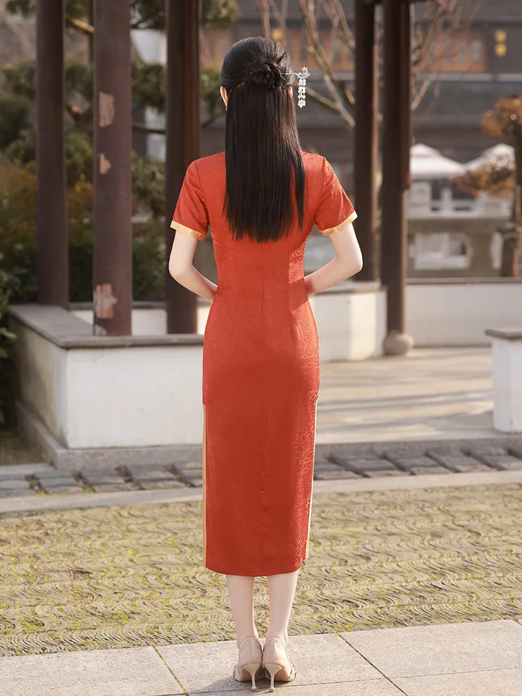 Classic Elegant Jacquard Satin Female Qipao Vintgae Mandarin Collar Cheongsam Sexy Traditional Chinese Dress