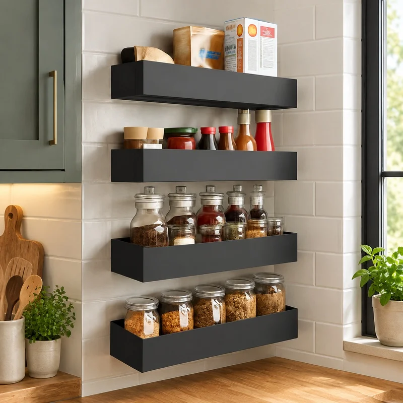 Magnetic Black Iron Spice Rack for Refrigerator Side Mount, Compact Kitchen Storage Shelf