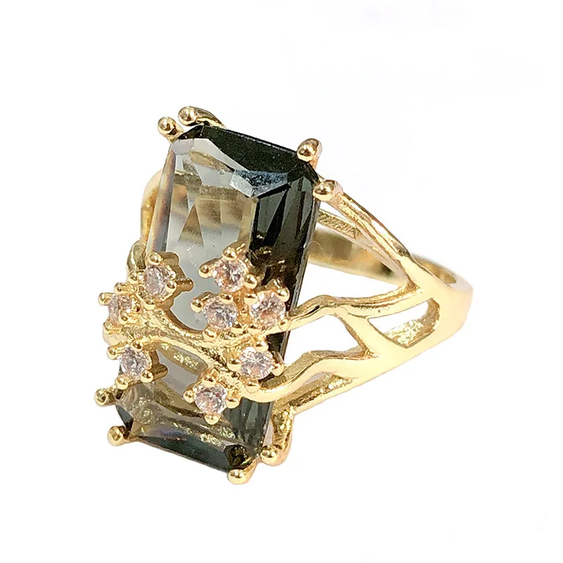 European and American personalized rectangular zirconia tree branch inlaid with branches for women\'s commuting ring