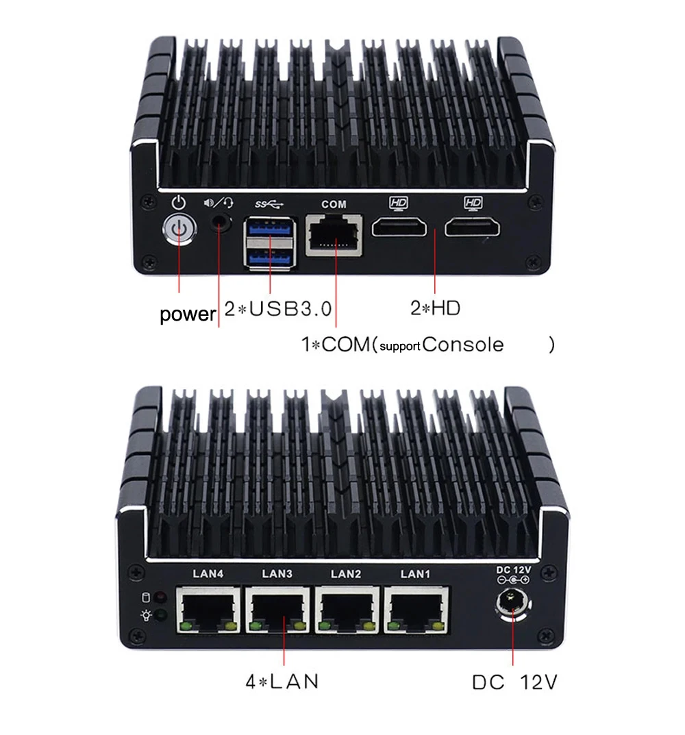 جهاز كمبيوتر صغير لجدار الحماية Intel Celeron J3160 4xLAN أو 2xLAN pfSense PVE جهاز توجيه ناعم 2xHD 1xRJ45 COM Windows 11 كمبيوتر جيب