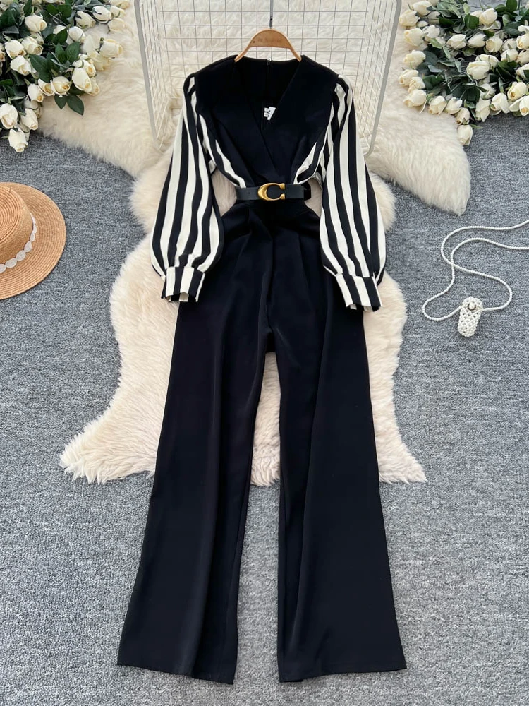 캐주얼 스트라이프 긴팔 패치워크 슈트 칼라 허리 조임 슬림핏 레저 원피스 팬츠 하이웨이스트 스트레이트 레그 출퇴근 스타일