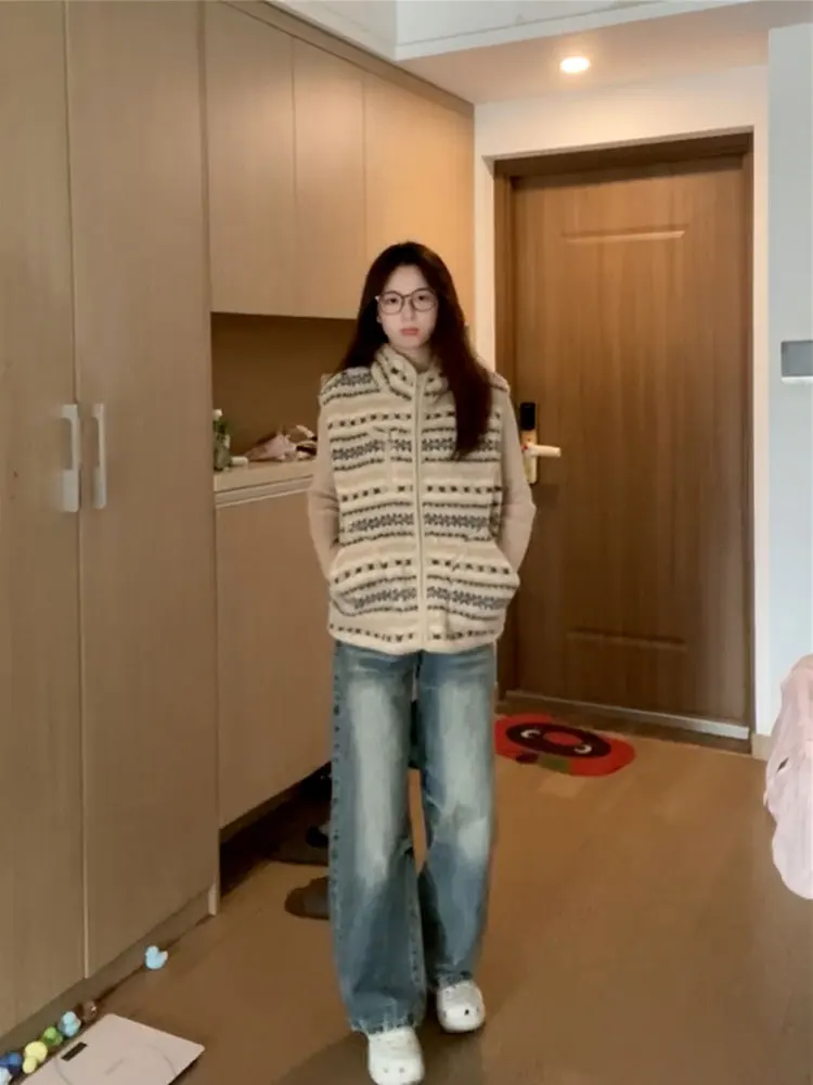 Chaleco de piel de cordero con cierre de cremallera para mujer, prendas de vestir exteriores Fair Isle Stripes, Top coreano que combina con todo