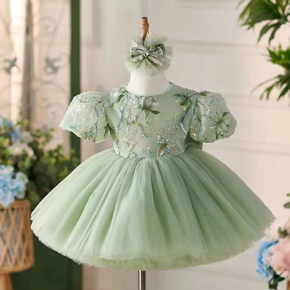 

Jill Wish Elegant Sage Green Arab Girl Dress Sequined Dubai Kids Princess Birthday Wedding Party Children Holiday Gown 2024 J264