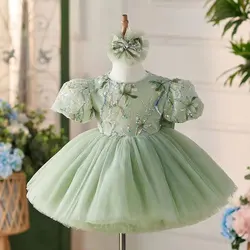 Jill Wish Elegant Sage Green Arab Girl Dress Sequined Dubai Kids Princess Birthday Wedding Party Children Holiday Gown 2024 J264