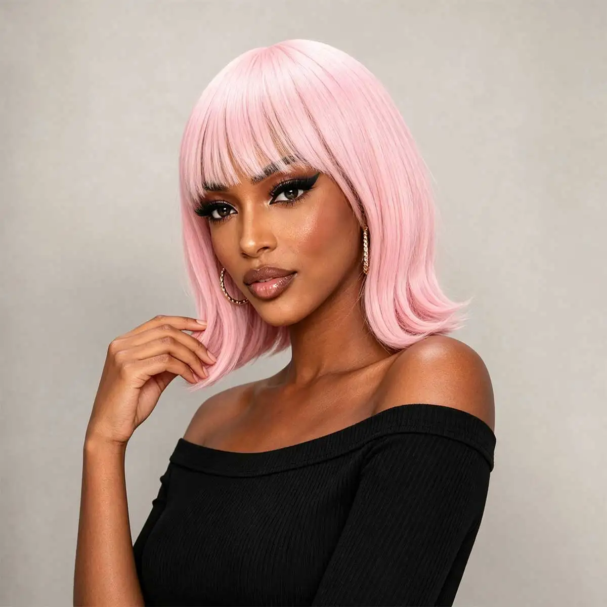 Pastel Pink Flip‑Out Bob Wig with Bangs for Women, Heat‑Resistant Synthetic Glueless Wig Cosplay Party Daily Fashion Wig