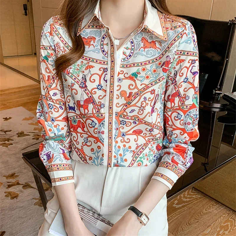 S-3XL Vintage Women\'s Shirt Spring Long Sleeve Luxury Print Blouses Casual Tops Elegant Blusas Mujer قمصان وبلوزات