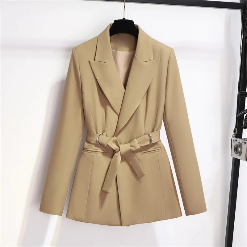 

Spring Autumn New Women Khaki Black Suit Jacket Waist Lace-up Korean Loose Casual Notched Collar Long Sleeve Female Blazers Coat