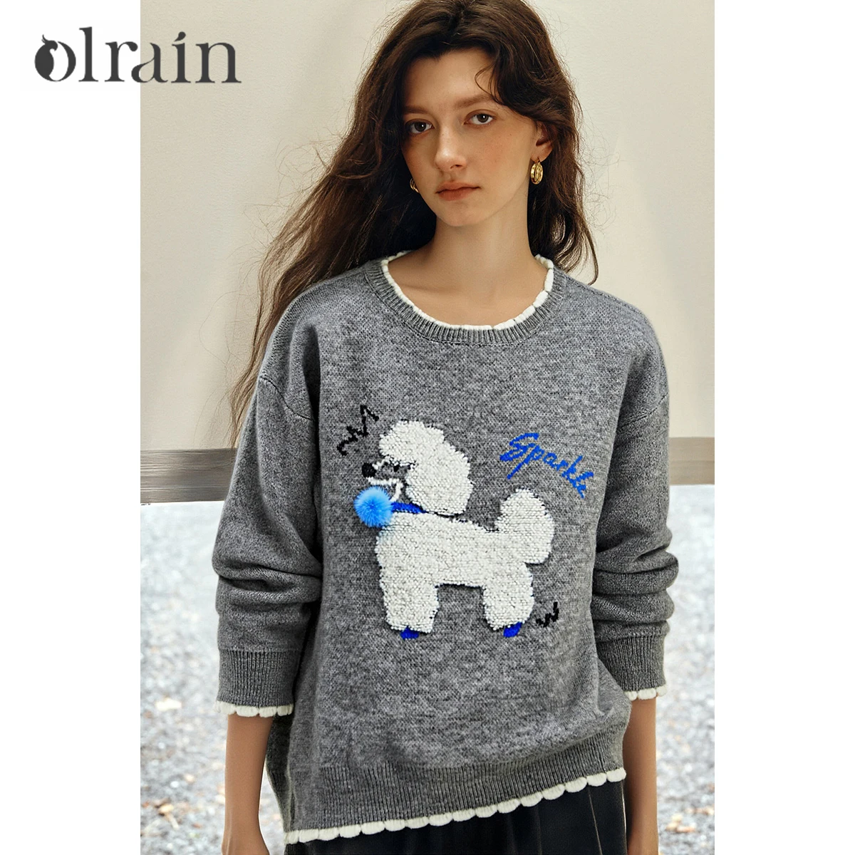

OLrain Sweaters for Women Funny Embroidered Contrast Color Ruffled Pullovers 2025 Winter Casual Full Sleeve Jumpers O57DM002260