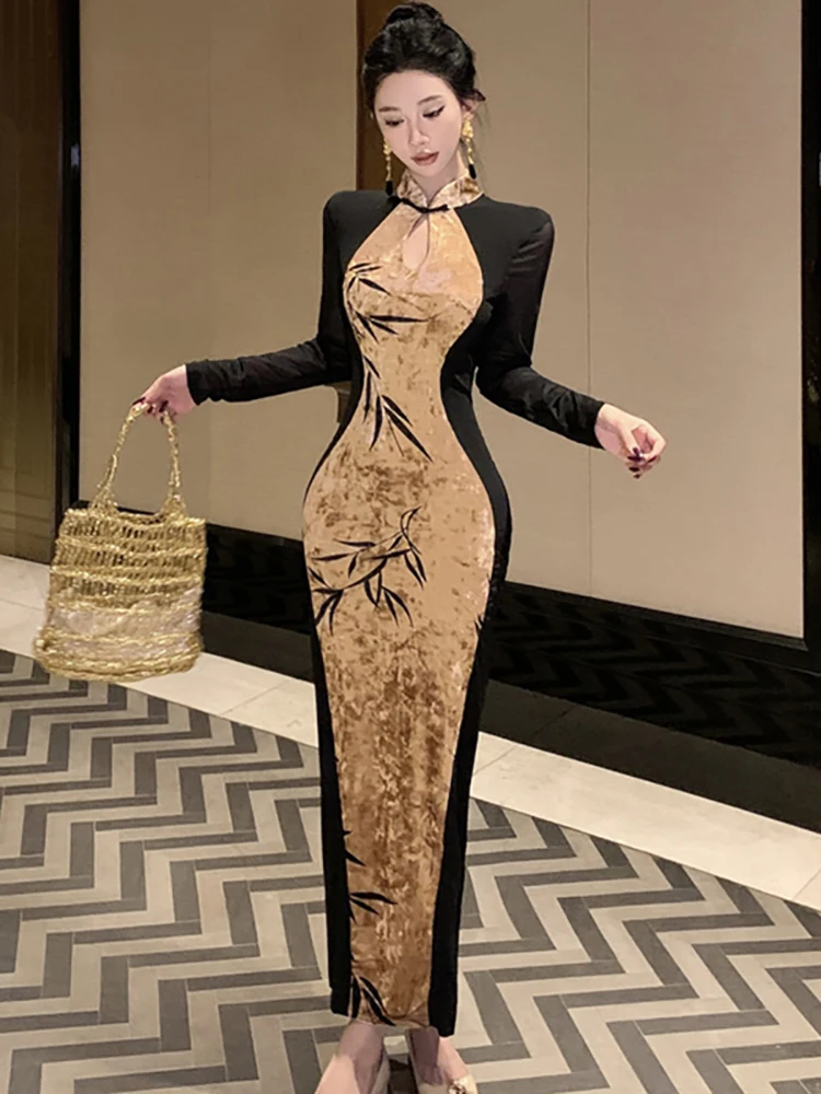

Autumn Winter Black Mesh Patchwork Velvet Print Long Dress Women Elegant Luxury Party Dress 2026 Korean Bodycon Evening Dresses