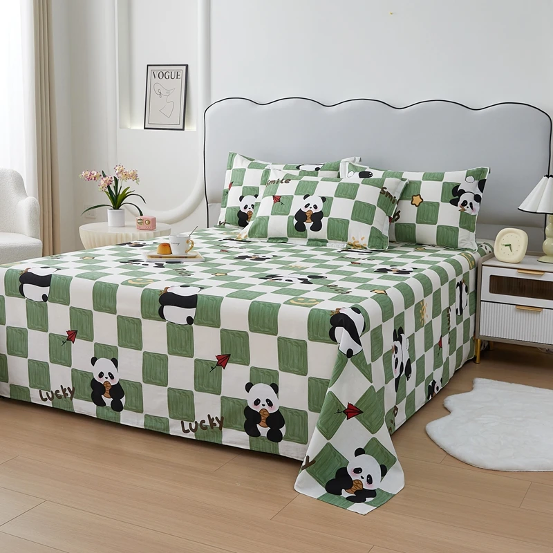 100% Cotton Bed Sheet  Cartoon Panda Animals Printed Double Top King Sheets for Girls Boys Kids Single Queen King Size Bed Linen