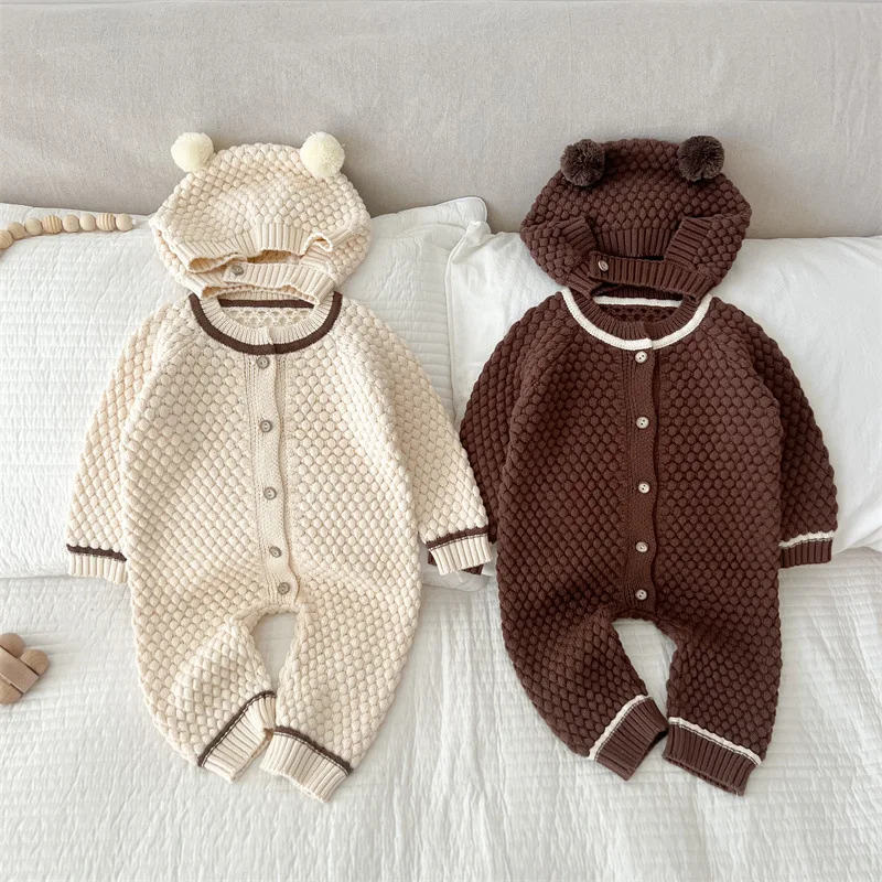 Simple and All-match Cute Casual Soft and Comfortable Knitted Jumpsuit Hat Set Knitted Rompers Autumn Solid Color