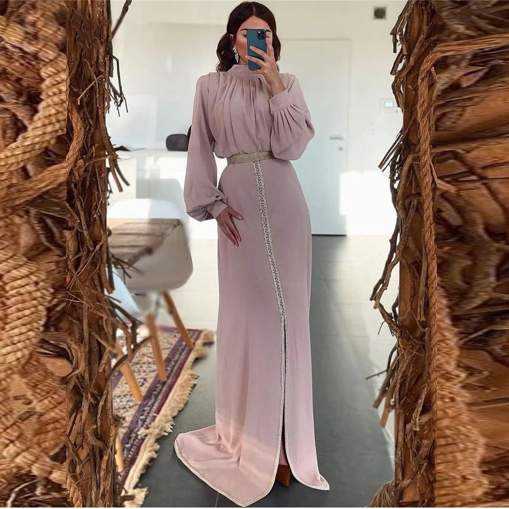 

Charming Mother The Bride Dresses Gold Sashes Front Slit High Collar Full Sleeve Zipper A-Line Party Gowns for Wedding Guest