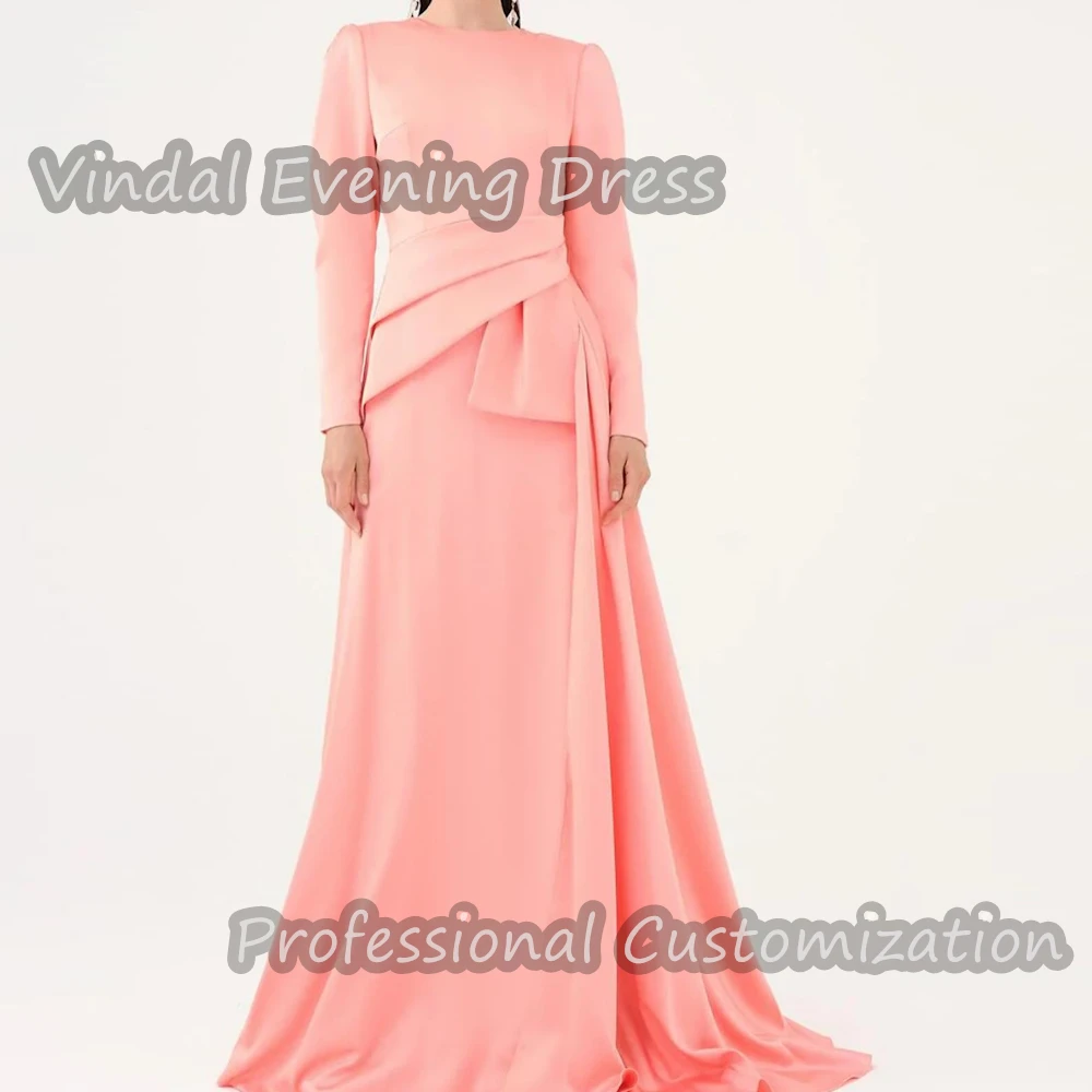 

Vindal Prom Party Dress O-Neck Floor Length Sexy luxurious Ruffle Satin A-Line Elegant Long Sleeves Saudi Arabia For Woman 2024